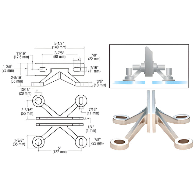 CRL Polished Stainless Four Arm 'V' Wall/Fin Mounted Fitting