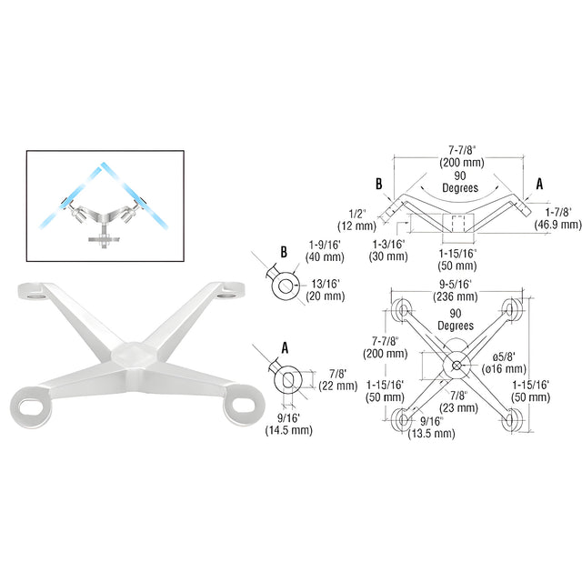 CRL Polished Stainless Heavy Duty 90 Degree 4-Way Column Mount Spider
