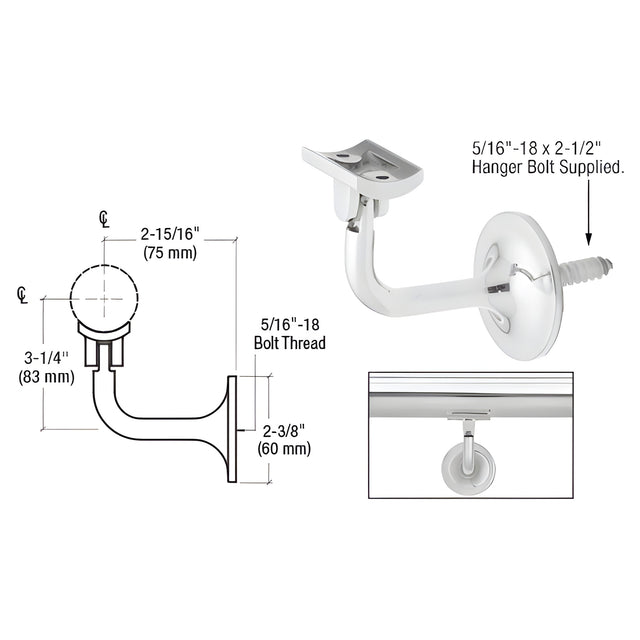 CRL Polished Stainless La Jolla Series Wall Mounted Hand Rail Bracket for 1.9" to 2" Hand Rail Tubing