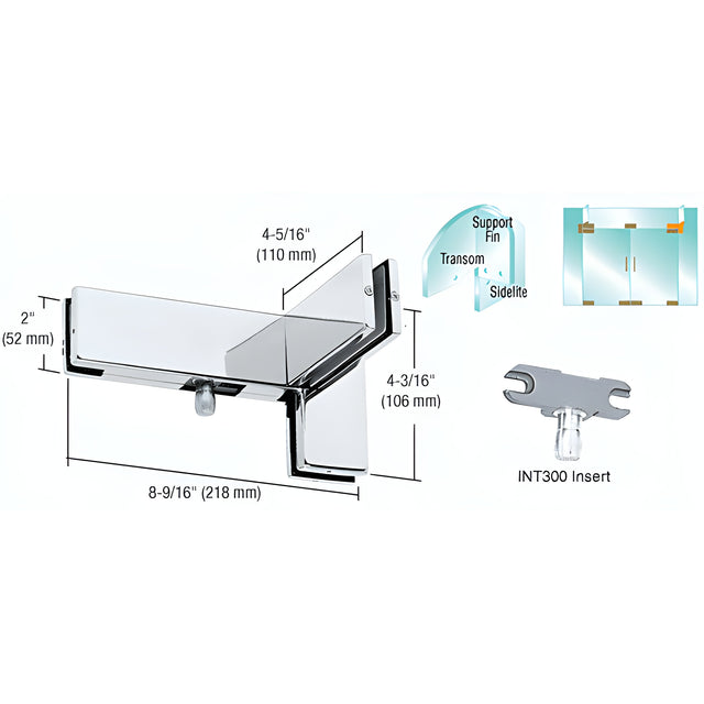 CRL Polished Stainless Left Hand Sidelite Transom Patch with Support Fin Bracket and 1NT300 Insert