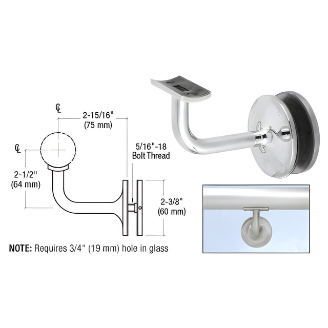 CRL Polished Stainless Pismo Series Glass Mounted Hand Rail Bracket for 1-1/2" and 1.66" Diameter Hand Rail Tubing