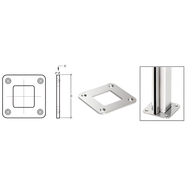 CRL Polished Stainless Square Base Plate for 1-1/2" Square Tubing