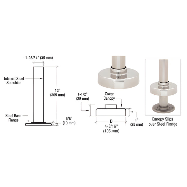 CRL Polished Stainless Steel Flange and Canopy for 1-1/2" Tubing