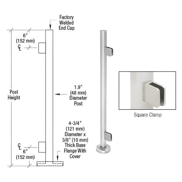CRL Polished Stainless Steel Round 42" Tall End Post Kit With Square Clamps