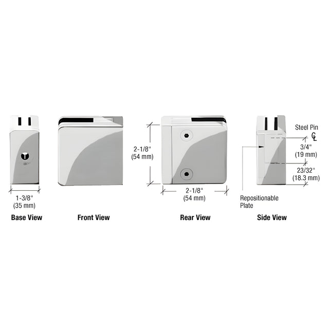 CRL Polished Stainless Steel Z-Series Square Type Flat Base Zinc Clamp for 3/8" and 1/2" Glass with Repositionable Plate