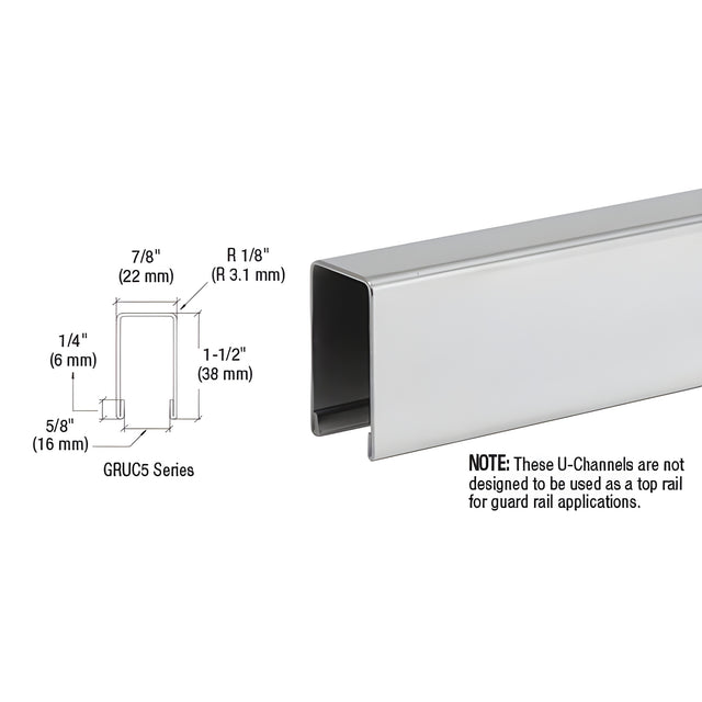 CRL Polished Stainless U-Channel Cap for 1/2" or 5/8" Glass