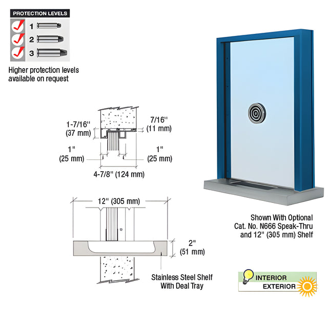 CRL Powder Painted (Specify) Aluminum Standard Inset Frame Exterior Glazed Exchange Window with 12" Shelf and Deal Tray