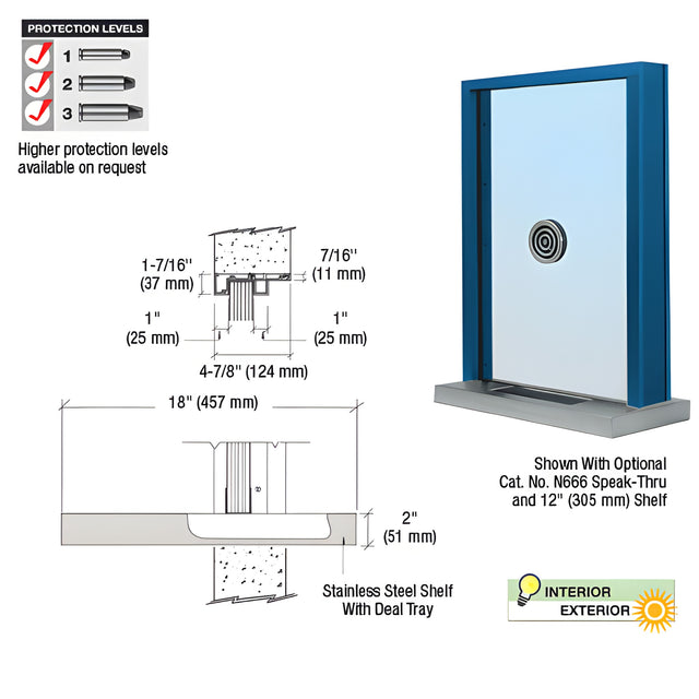CRL Powder Painted (Specify) Aluminum Standard Inset Frame Exterior Glazed Exchange Window with 18" Shelf and Deal Tray