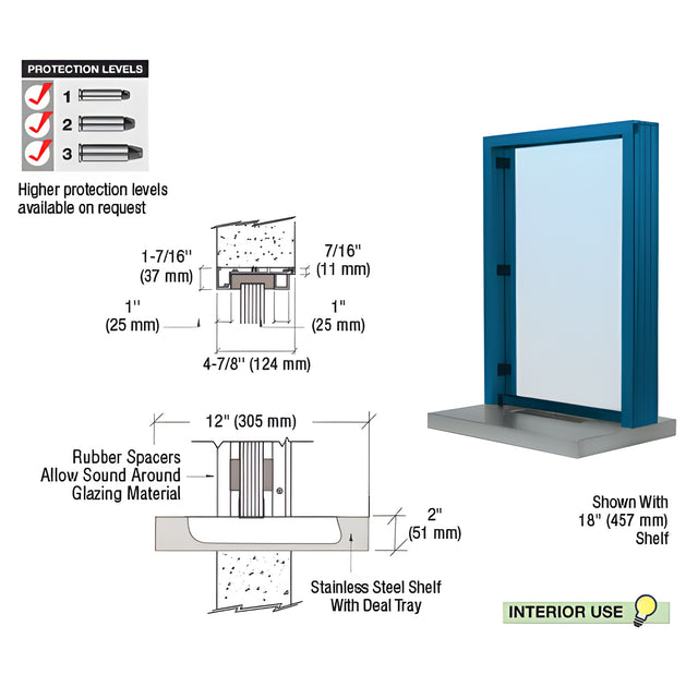 CRL Powder Painted (Specify) Aluminum Standard Inset Frame Interior Glazed Exchange Window with 12" Shelf and Deal Tray