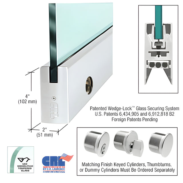 CRL Satin Anodized 1/2" Glass 4" Square Door Rail With Lock - Custom Length