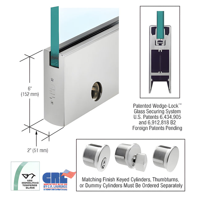 CRL Satin Anodized 1/2" Glass 6" Square Door Rail With Lock - Custom Length