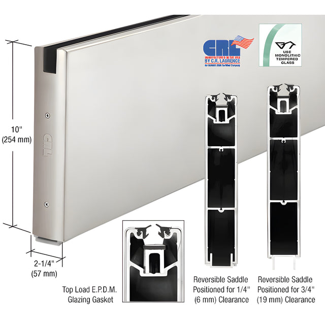 CRL Satin Anodized 10" x Custom Length Square Sidelite Rail for 5/8" or 3/4" Glass