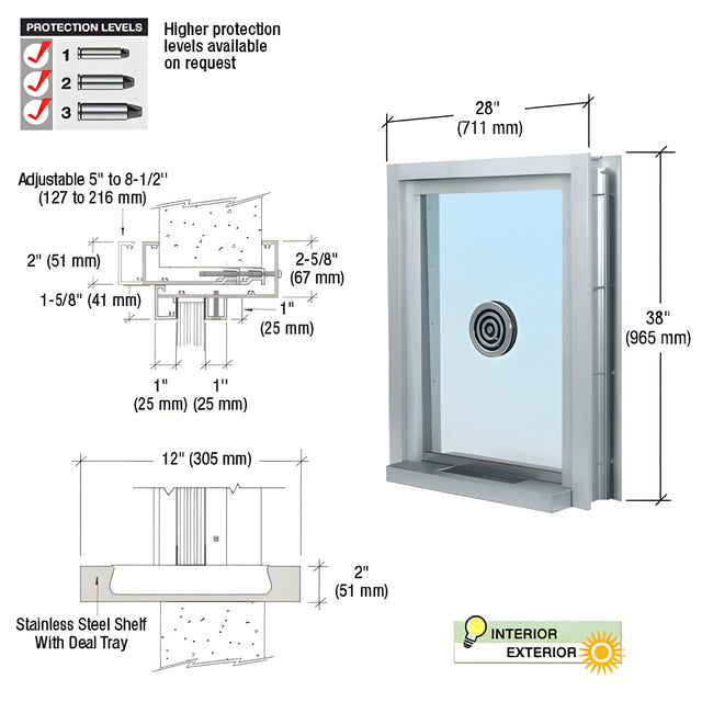 CRL Satin Anodized 28" Wide x 38" High Bullet Resistant Clamp-On Exterior Window With Speak-Thru and Shelf With Deal Tray Protection Level 1