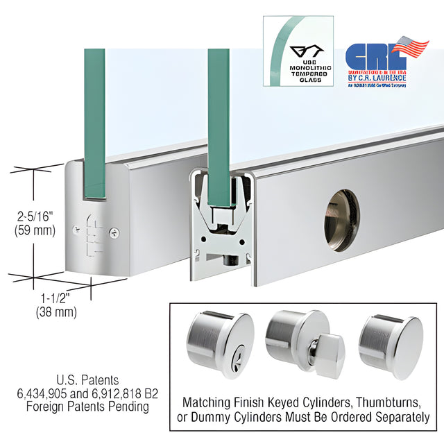 CRL Satin Anodized 3/8" Glass Low Profile Square Door Rail With Lock - 35-3/4" Length