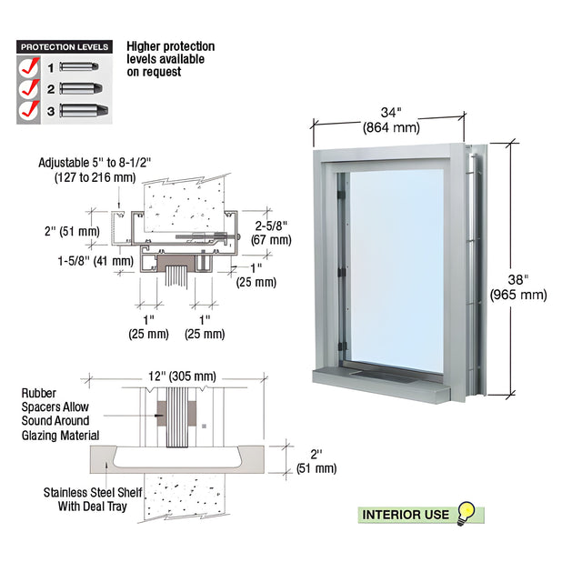 CRL Satin Anodized 34" Wide x 38" High Bullet Resistant Interior Window With Surround Sound and 12" Shelf With Deal Tray