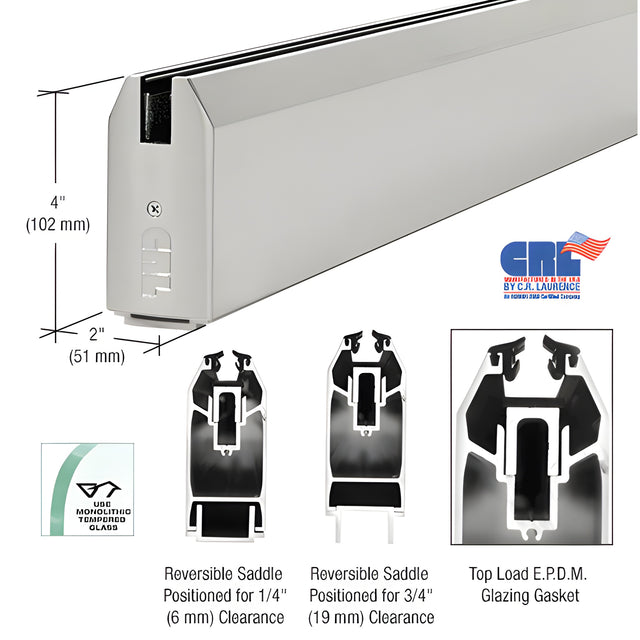 CRL Satin Anodized 4" x 240" Length Tapered Sidelite Rail