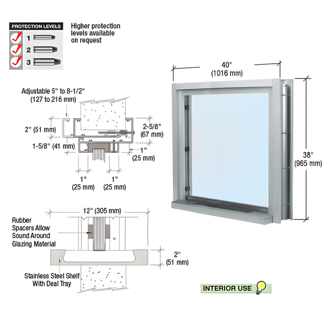 CRL Satin Anodized 40" Wide Bullet Resistant Interior Window with Surround and 12" Shelf with Deal Tray