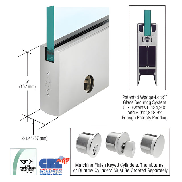 CRL Satin Anodized 5/8" Glass 6" Square Door Rail With Lock - 35-3/4" Length