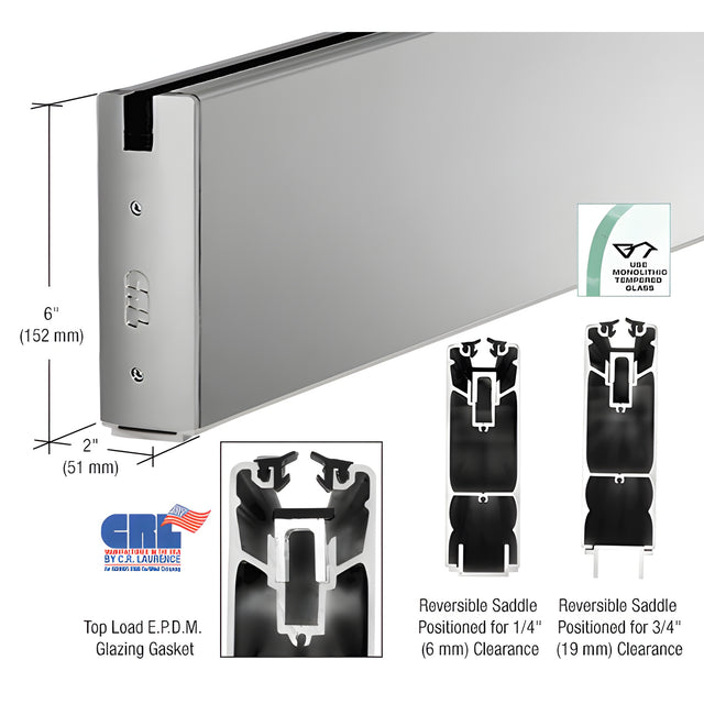 CRL Satin Anodized 6" x 120" Length Square Sidelite Rail