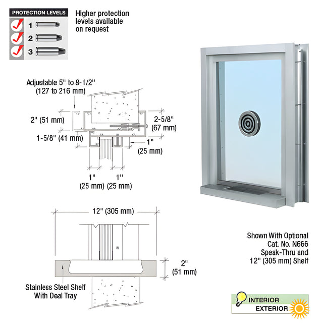 CRL Satin Anodized Aluminum Clamp-On Frame Exterior Glazed Exchange Window with 12" Shelf and Deal Tray