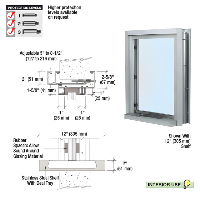 CRL Satin Anodized Aluminum Clamp-On Frame Interior Glazed Exchange Window with 12" Shelf and Deal Tray