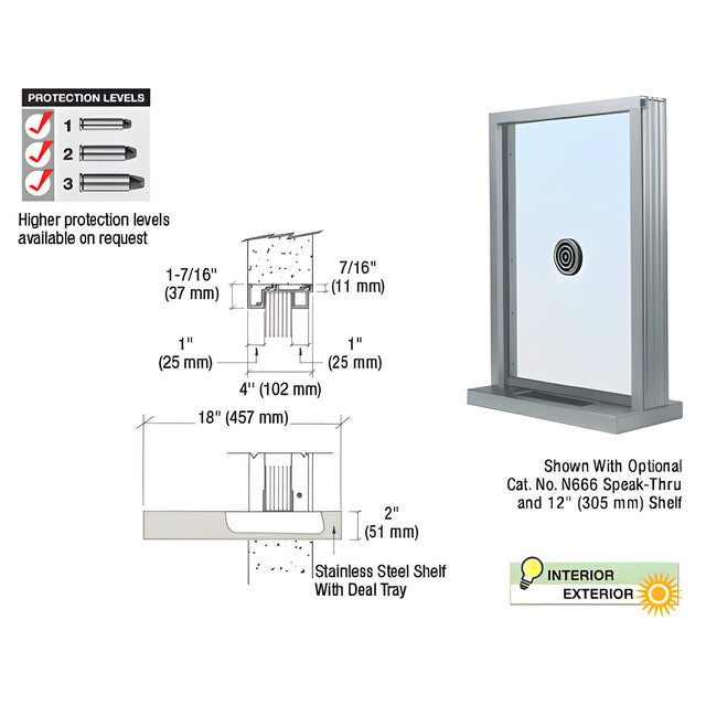 CRL Satin Anodized Aluminum Narrow Inset Frame Exterior Glazed Exchange Window With 18" Shelf and Deal Tray