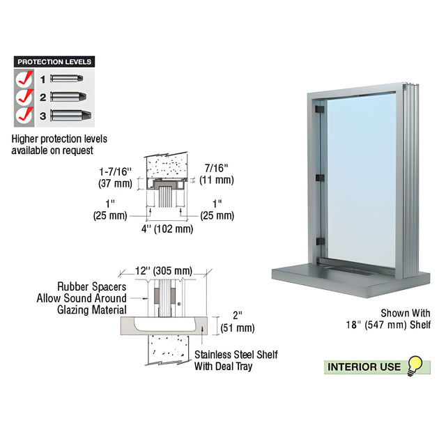CRL Satin Anodized Aluminum Narrow Inset Frame Interior Glazed Exchange Window With 12" Shelf and Deal Tray
