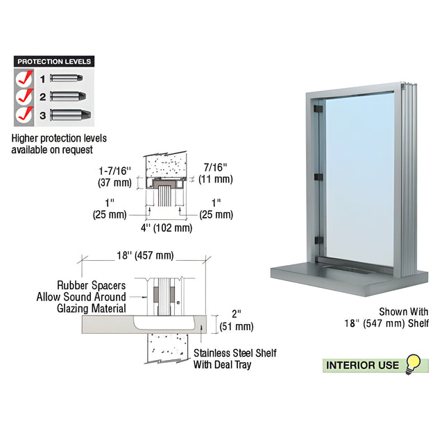 CRL Satin Anodized Aluminum Narrow Inset Frame Interior Glazed Exchange Window with 18" Shelf and Deal Tray