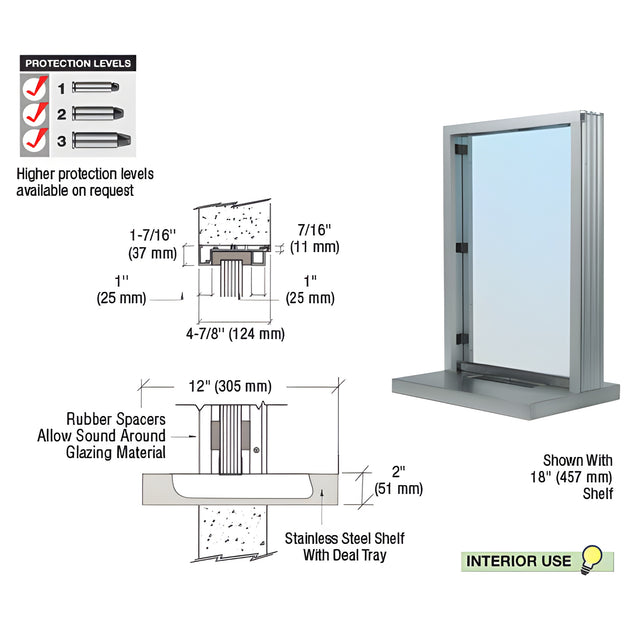 CRL Satin Anodized Aluminum Standard Inset Frame Interior Glazed Exchange Window with 12" Shelf and Deal Tray