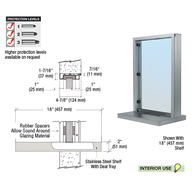 CRL Satin Anodized Aluminum Standard Inset Frame Interior Glazed Exchange Window with 18" Shelf and Deal Tray
