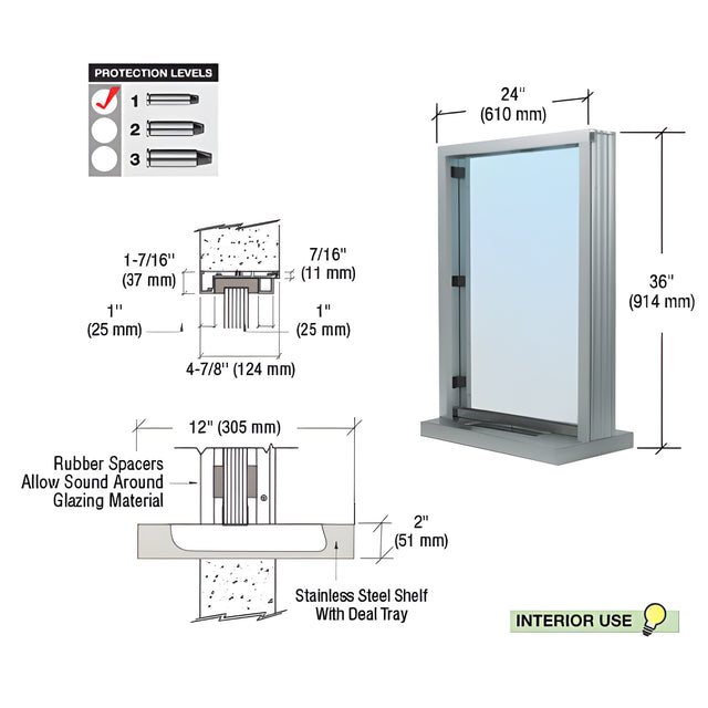 CRL Satin Anodized Bullet Resistant 24" Wide Interior Window with Surround Sound and Shelf with Deal Tray for 4-7/8" Thick Walls