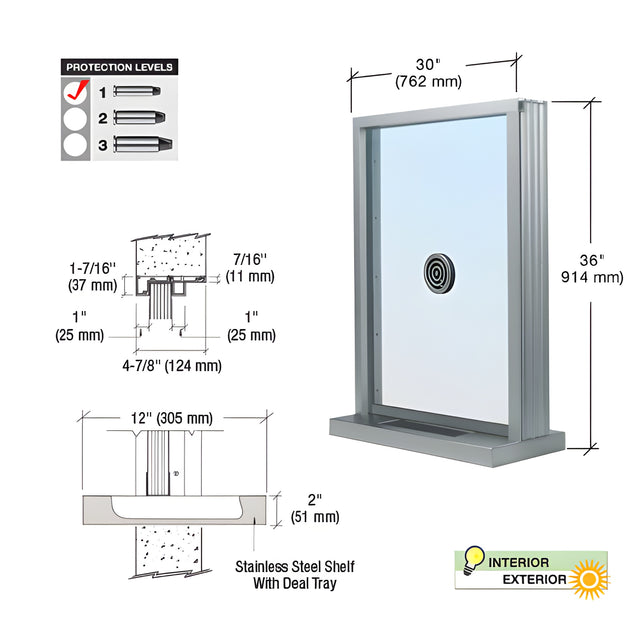 CRL Satin Anodized Bullet Resistant 30" Wide x 36" High Exterior Window with Speak-Thru and Shelf with Deal Tray for Walls 4-7/8" Thick