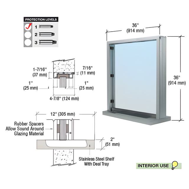 CRL Satin Anodized Bullet Resistant 36" Wide Interior Window with Surround Sound and Shelf with Deal Tray for 4-7/8" Thick Walls