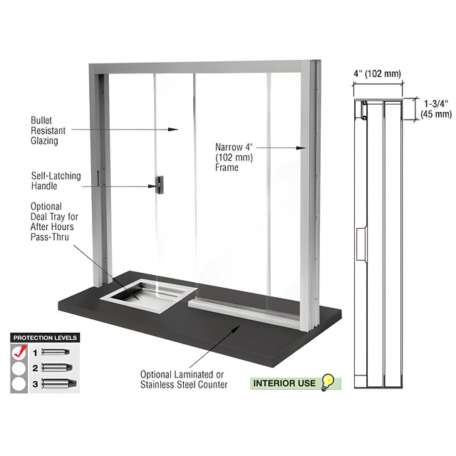 CRL Satin Anodized Bullet Resistant Level 1 Manual Sliding Service Window