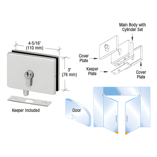 CRL Satin Anodized EUR Series Glass Mounted Patch Lock With Keeper Plate