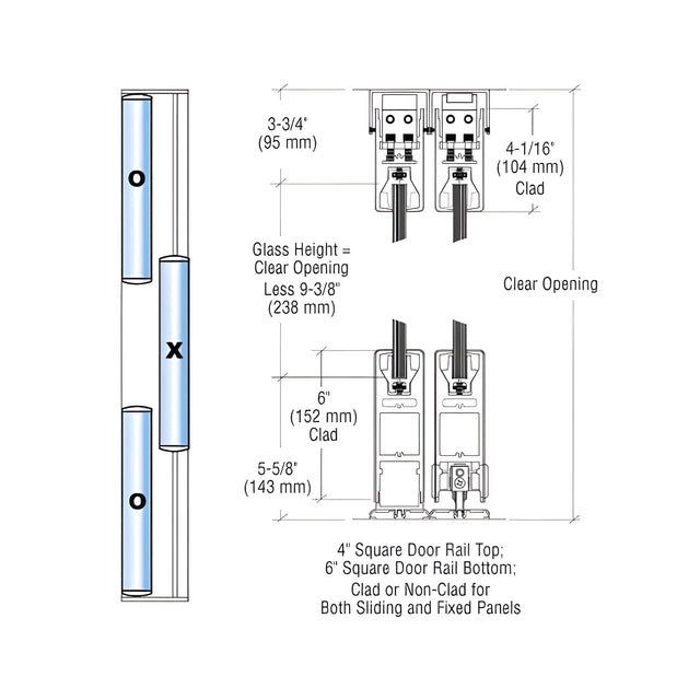 CRL Satin Anodized OXO Format Sliding Door Entrance System - 4" Square Top 6" Square Bottom Rail