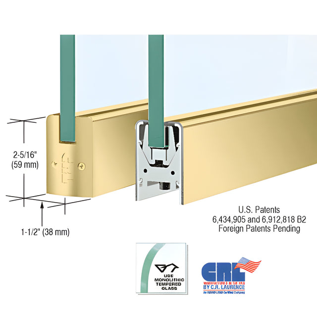 CRL Satin Brass 1/2" Glass Low Profile Square Door Rail Without Lock - Custom Length