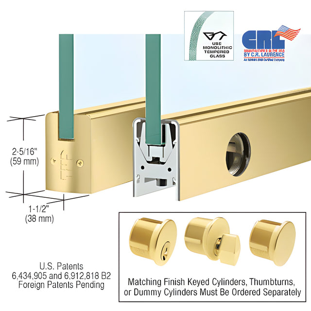 CRL Satin Brass 1/2" Glass Low Profile Square Door Rail With Lock - Custom Length