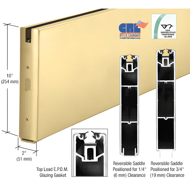 CRL Satin Brass 10" Custom Length Square Sidelite Rail for 3/8" or 1/2" Glass