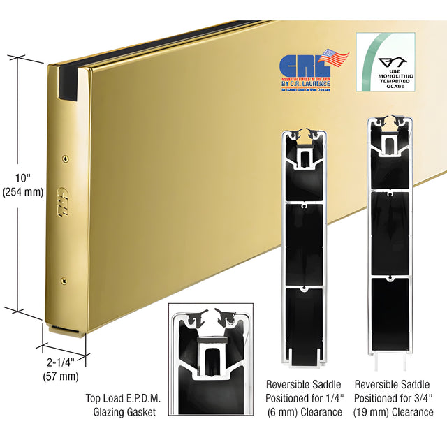 CRL Satin Brass 10" x Custom Length Square Sidelite Rail for 5/8" or 3/4" Glass