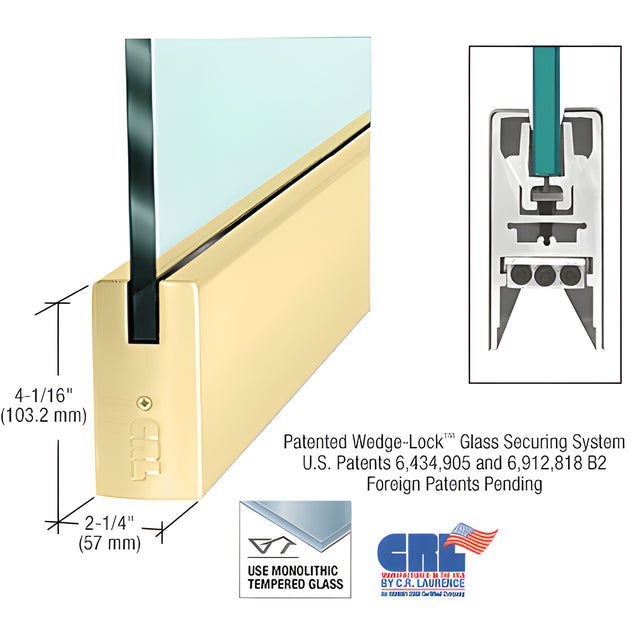 CRL Satin Brass 3/4" Glass 4" Square Door Rail Without Lock - Custom Length