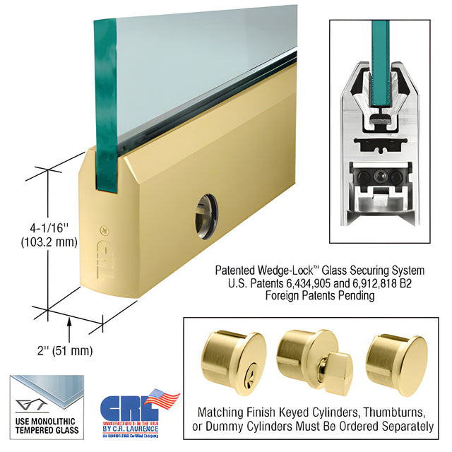 CRL Satin Brass 3/8" Glass 4" Tapered Door Rail With Lock - Custom Length