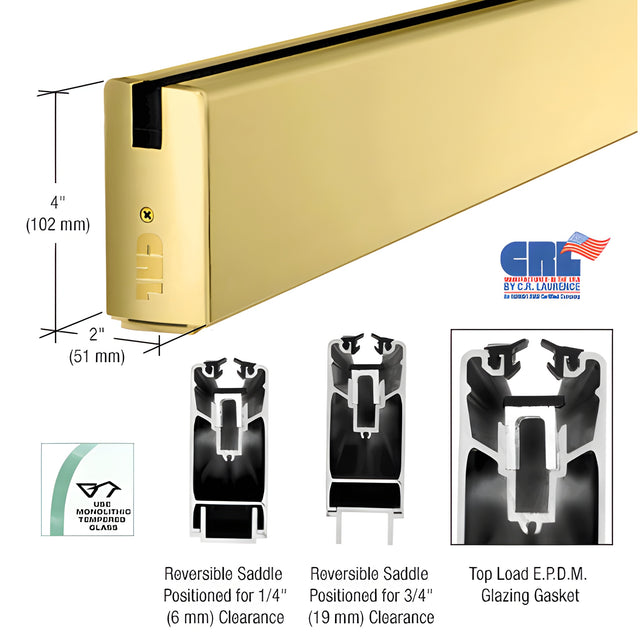 CRL Satin Brass 4" Custom Length Square Sidelite Rail for 3/8" and 1/2" Glass