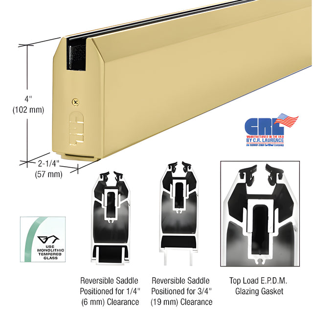 CRL Satin Brass 4" Custom Length Tapered Sidelite Rail for 3/4" Glass