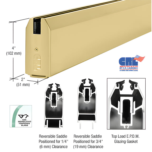 CRL Satin Brass 4" Custom Length Tapered Sidelite Rail for 3/8" and 1/2" Glass