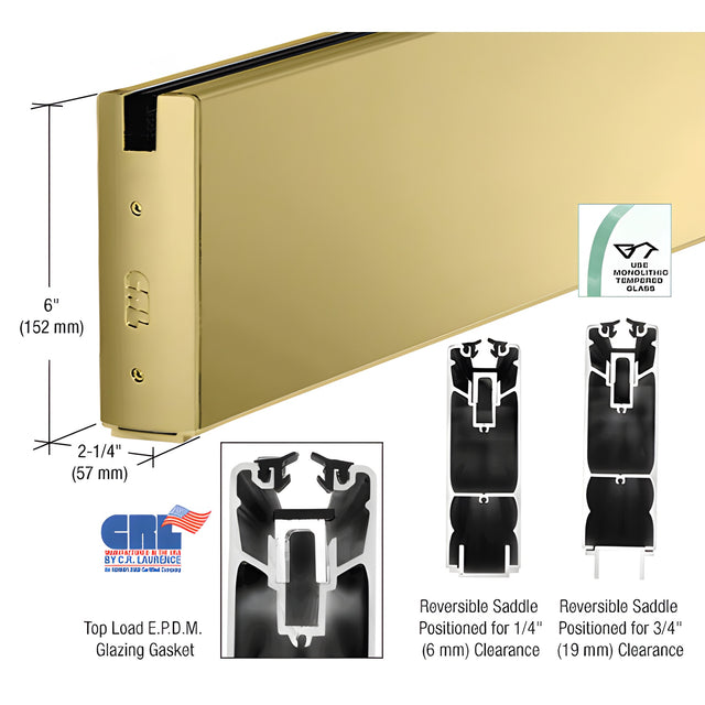 CRL Satin Brass 6" Custom Length Square Sidelite Rail for 3/4" Glass