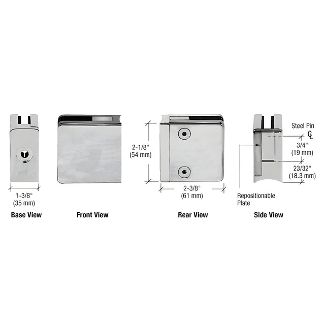 CRL Satin Chrome Z-Series Square Type Radius Base Zinc Clamps for 3/8" and 1/2" Glass with Repositionable Plate