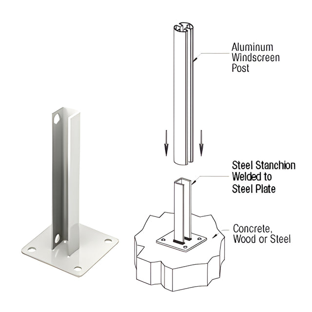 CRL Sky White AWS Steel Stanchion for 180 Degree Round or Rectangular Center or End Posts