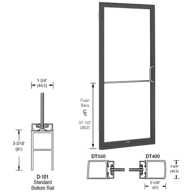 CRL-U.S. Aluminum Bronze Anodized 250 Series Narrow Stile Inactive Leaf of Pair 3'0 x 7'0 Offset Hung with Butt Hinges for Surf Mount Closer Complete Door Std. MS Lock & Bottom Rail