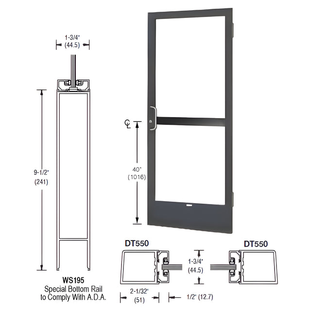 CRL-U.S. Aluminum Bronze Anodized 250 Series Narrow Stile (RHR) HRSO Single 3' x 7' Offset Hung with Butt Hinges for Surface Mount Closer Complete Panic Door for 1" Glass with Standard Panic and 9-1/2" Bottom Rail